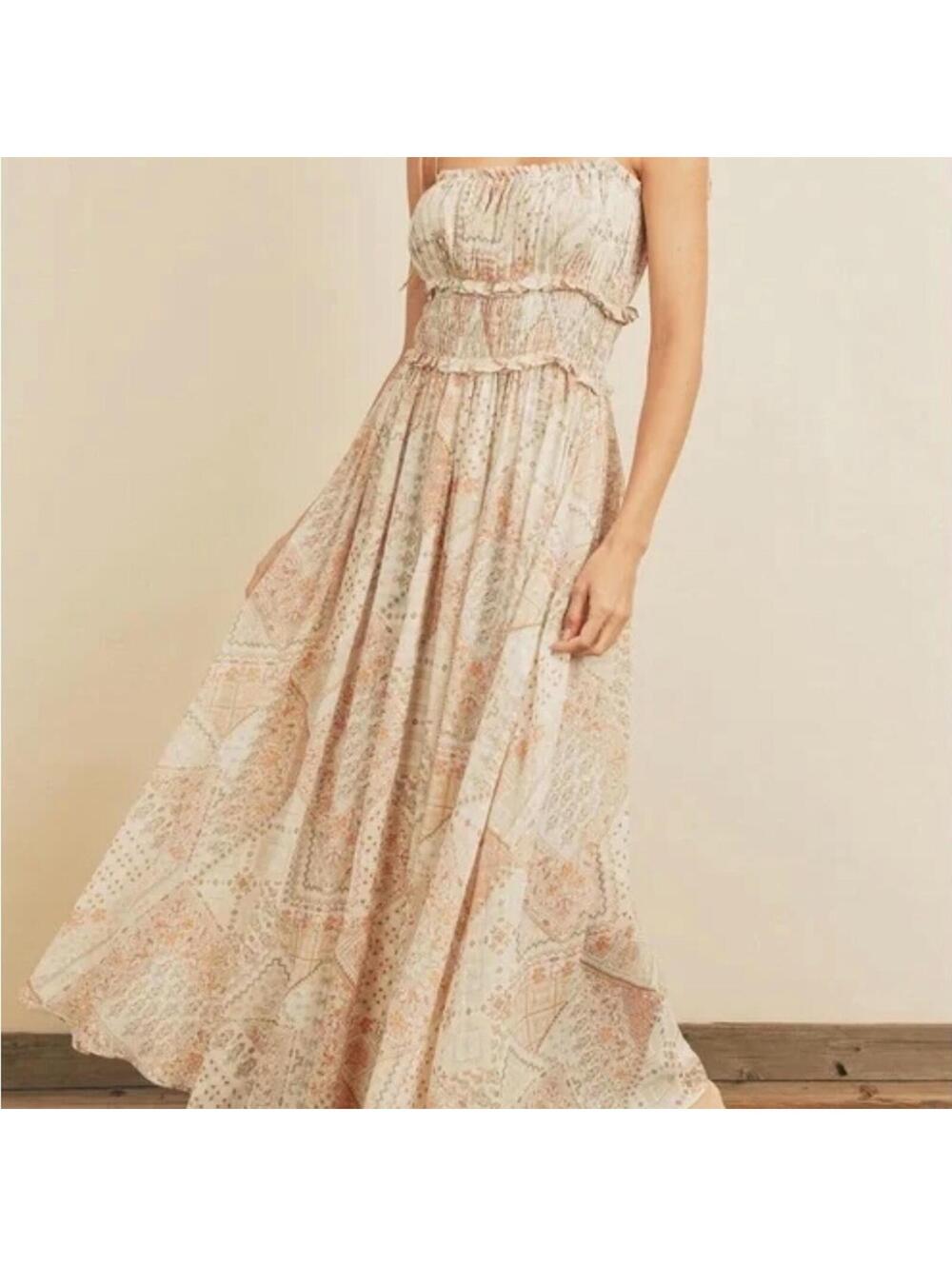 New with Tags Dress Forum Cream and Tan Patterned Maxi Dress